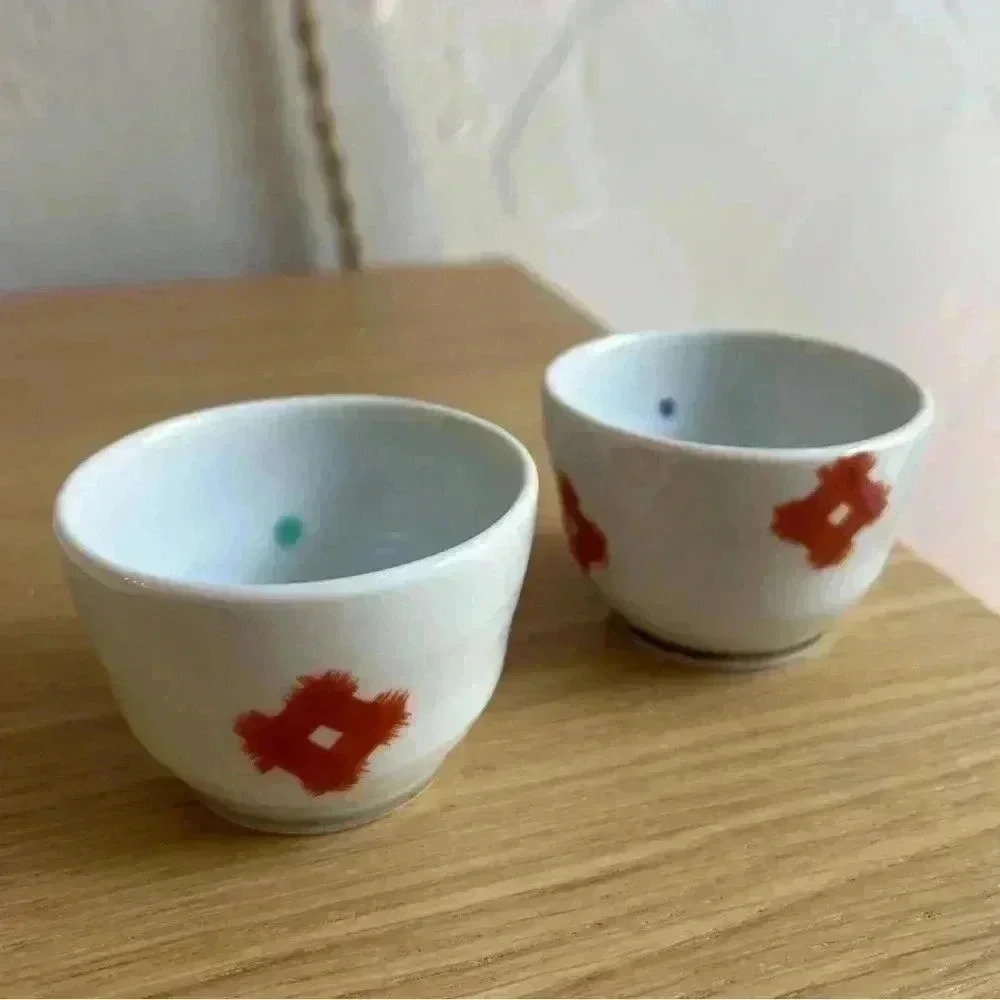 Japanese Sake Cup Sakazuki Chikusen Miura made Tiger Petal 2 pieces Kintsugi - Picture 4 of 8